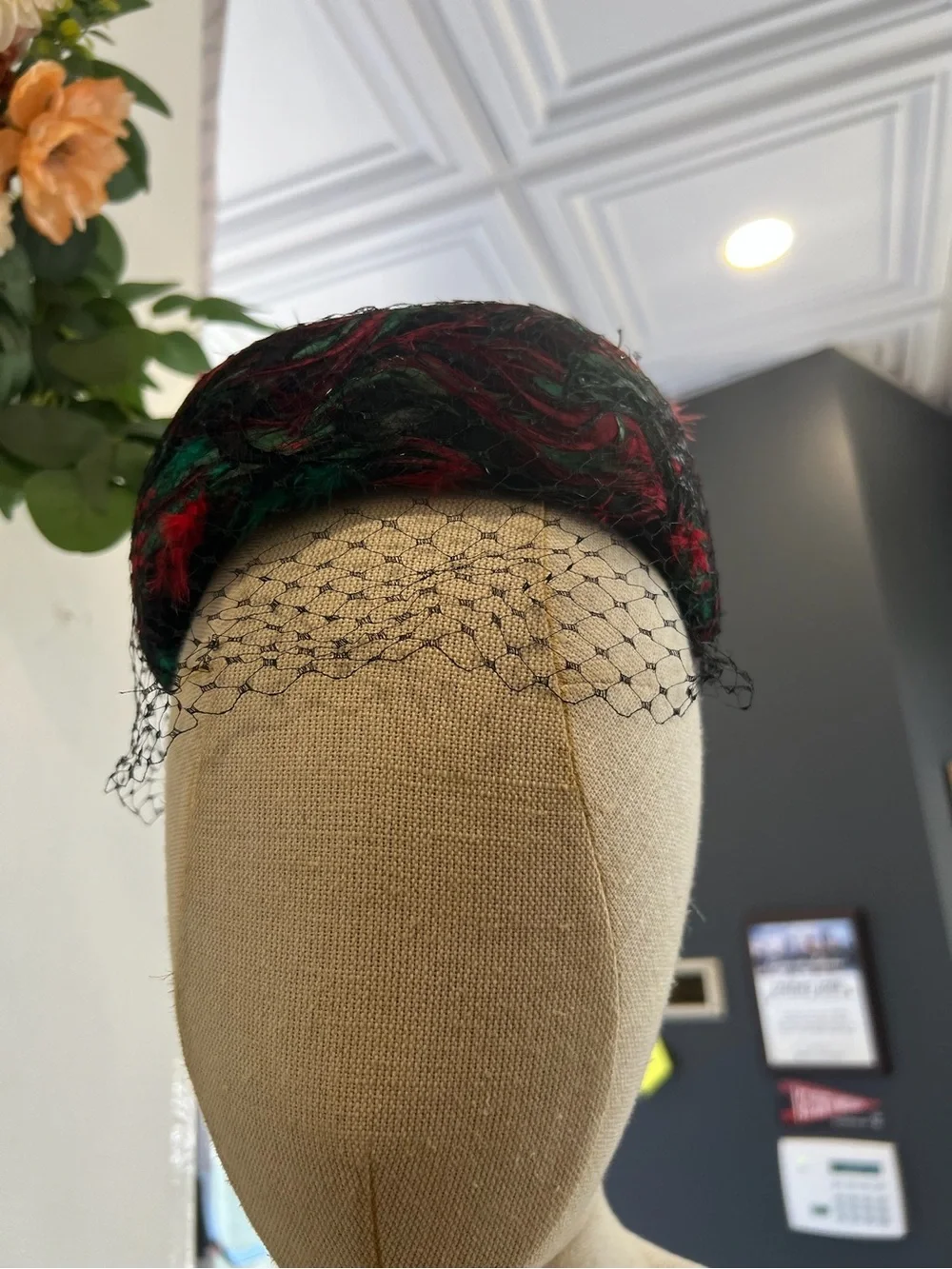 Vintage B. Forman Black Pillbox Hat with Red and Green Feather Detail and Veil
